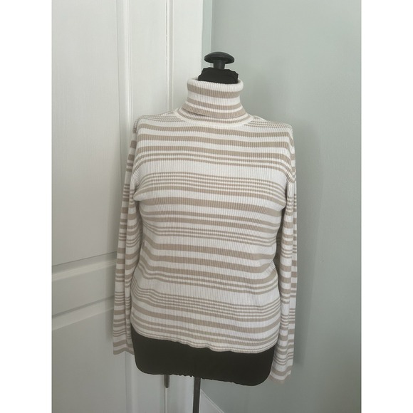 GAP‎ Tan White Striped Ribbed Turtleneck Long Sleeve Cotton Sweater Top Womens L - Picture 1 of 9